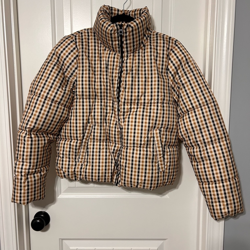 ASOS Only Tabitta Check Short Puffer Jacket Black and Tan Medium